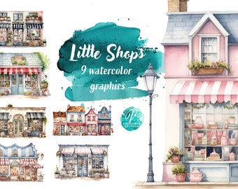 Whimsical Watercolor Shops,  Digital Download for Scrapbooking, Invitations, and More! Commercial Use