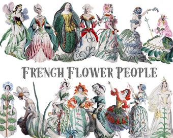 50% OFF SALE! Vintage Clipart, French Flower people illustrations.