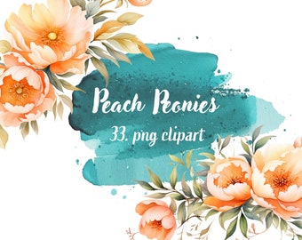 Watercolor Peach Peonies - Digital Clipart Illustrations Instant Download, png Commercial Use