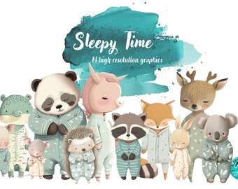 Sleepy Time, Animals in Pajamas Clipart Illustrations-  Digital Download for Scrapbooking, Invitations, and More! Commercial Use