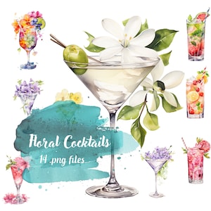 Watercolor Floral Cocktails - Digital Clipart Illustrations Instant Download, Commercial Use