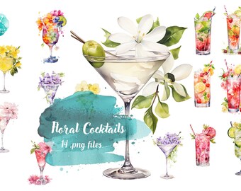 Watercolor Floral Cocktails - Digital Clipart Illustrations Instant Download, Commercial Use