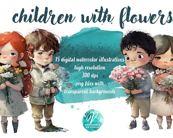 Digital Watercolor 15 Children holding Flowers Clipart: Instant download