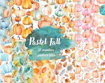 Seamless Patterned Paper - Pastel Fall , Autumn pumpkins 12x12 printable paper set digital download, commercial use