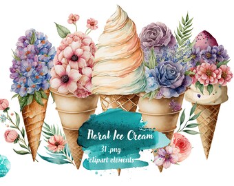 Watercolor Floral Ice Cream - Digital Download for Scrapbooking, Invitations, and More! Commercial Use