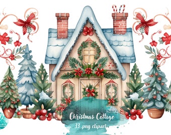 Watercolor Vintage Style Christmas Cottage - Digital Clipart Illustrations Instant Download, Commercial Use