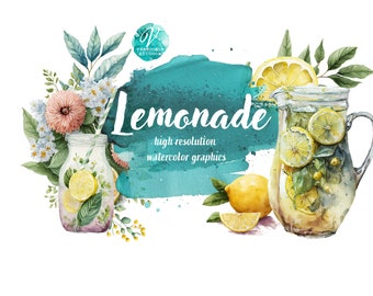 Digital Watercolor Lemonade clipart elements, instant download, commercial usage