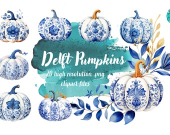 Watercolor China Pumpkins - Delft Autumn Digital Download for Scrapbooking, Invitations, and More! Commercial Use