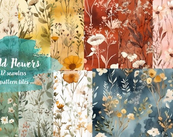 Digital Paper - Wild Flowers, boho botanical 12x12 printable paper set digital download, commercial use