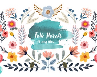 Folk Art Florals - Digital Clipart Illustrations Instant Download, Commercial Use