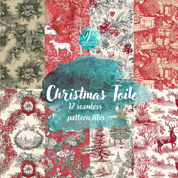 Seamless Patterned Paper - Christmas Toile , Vintage Holiday designs 12x12 printable paper set digital download, commercial use