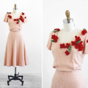 vintage 1940s dress / 40s dress / Crocheted Flowers Tan and Burgundy Knit Dress image 1