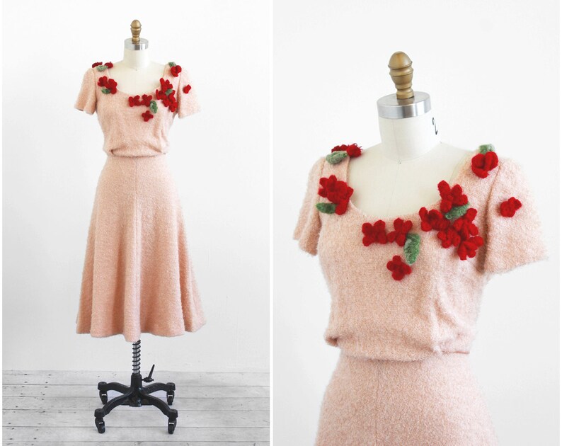 vintage 1940s dress / 40s dress / Crocheted Flowers Tan and Burgundy Knit Dress image 1