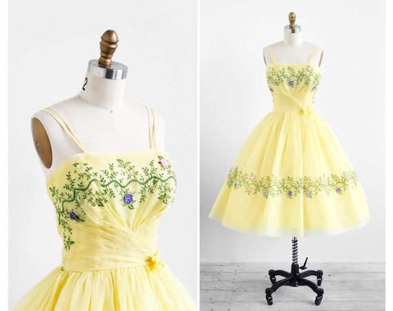 Vintage 1950s dress / 50s dress / Yellow Organza Embroidered | Etsy