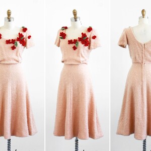 vintage 1940s dress / 40s dress / Crocheted Flowers Tan and Burgundy Knit Dress image 2
