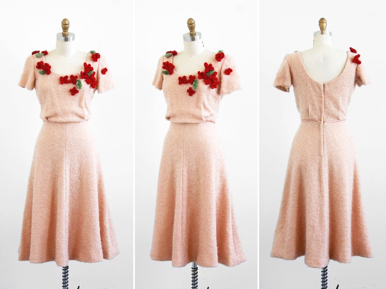 vintage 1940s dress / 40s dress / Crocheted Flowers Tan and Burgundy Knit Dress image 2