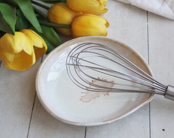 Large Rustic Spoon Rest in White and Ocher Glaze Pottery Dish Handmade Kitchen Drip Dish Ready to Ship Made in USA