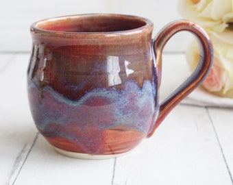 Earthy Blue, Pink and Rust Stoneware Mug 16 oz., Handmade Pottery Coffee Cup, Wheel Thrown Ready to Ship Made in USA