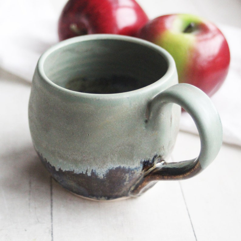 Matte Avocado Green and Brown Stoneware Mug, 12 Ounce Rustic Pottery Coffee Cup, Ready to Ship Made in USA image 4