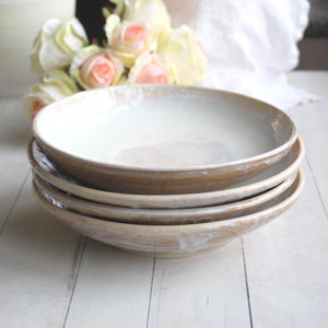 Discounted SECONDS, Set of Four Shallow Bowls in Dripping White and Ocher Glaze Made in USA Ready to Ship image 3