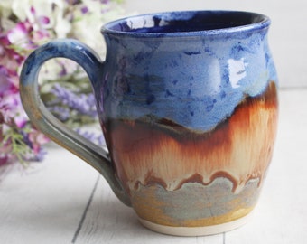 Rustic Ceramic Coffee Cup in Green, Rust and Blue Glazes, Mountain Range Pottery Mug 15 oz. Ready to Ship Made in the USA