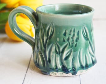 Hand Carved Pottery Mug in Winter Green Glaze on White Stoneware 12 oz., Spring Flowers Theme, Ready to Ship Made in USA