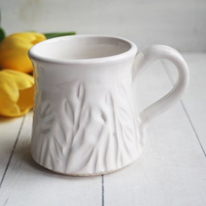 Hand Carved Pottery Mug in Shiny White Glaze on White Stoneware 13 oz., Spring Flowers Theme, Ready to Ship Made in USA