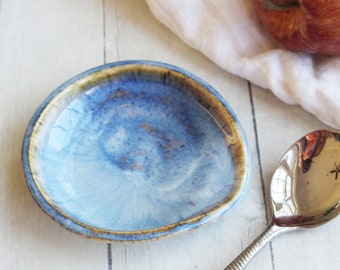 Medium Spoon Rest in Swirly Blue Glaze, Handmade Pottery, Kitchen Coffee Station Tablespoon Dish, Ready to Ship Made in USA