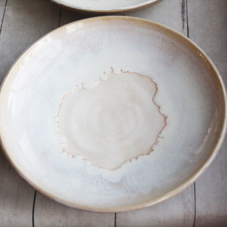 Discounted SECONDS, Set of Four Shallow Bowls in Dripping White and Ocher Glaze Made in USA Ready to Ship image 6