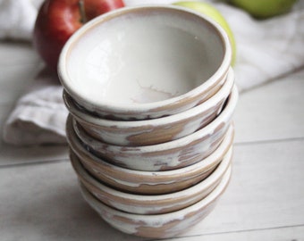 Set of Three Small Ceramic Prep Bowls in Rustic Dripping White and Ocher Glaze Made in USA Ready to Ship