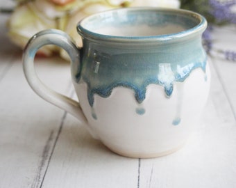 Handmade Pottery Mug in Sea Glass Blue and White Glazes, 14 oz. Stoneware Coffee Cup, Handmade in USA Ready to Ship