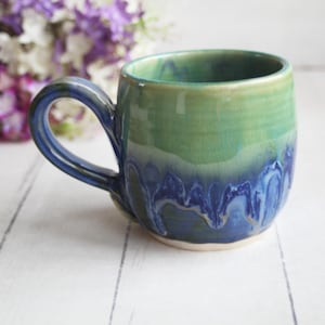 Pottery Mug in Dripping Green and Blue Drippy Glazes, Handmade Ceramic Coffee Cup 13 oz. Made in USA Ready to Ship