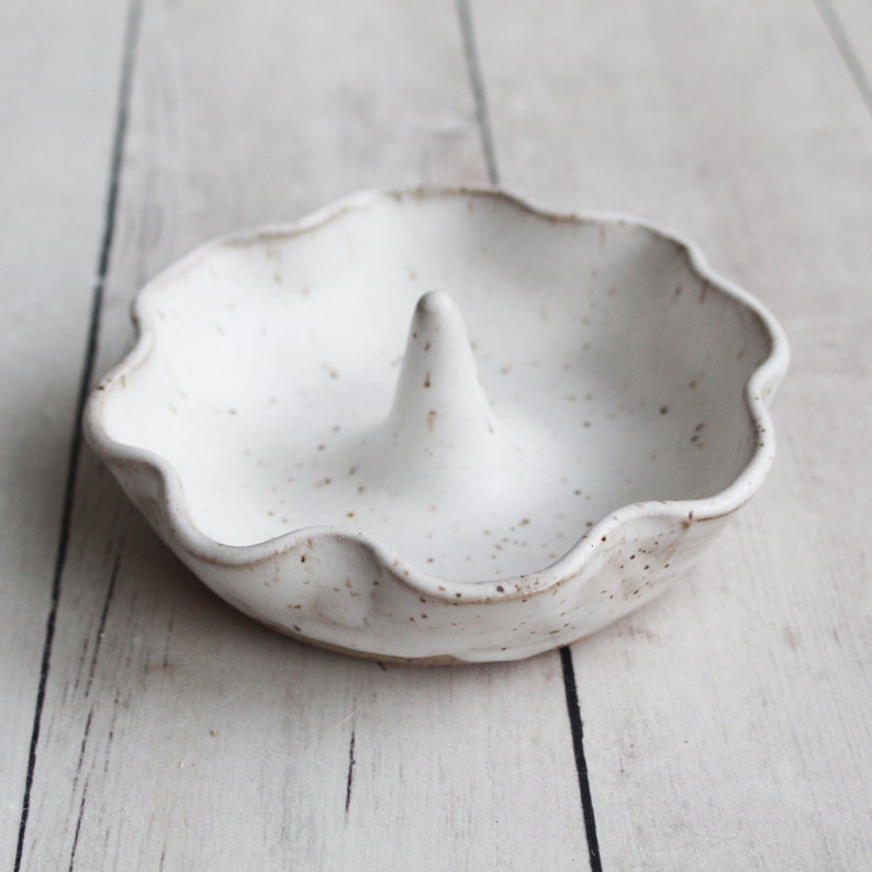 Matte White Speckled Ceramic Jewelry Dish Ring Holder Ready to Ship Handcrafted in USA Engagement Gift
