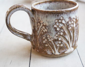 Handcrafted Pottery Mug in Dripping White Glaze Over Brown Speckled Stoneware, Hand Carved, Made in USA