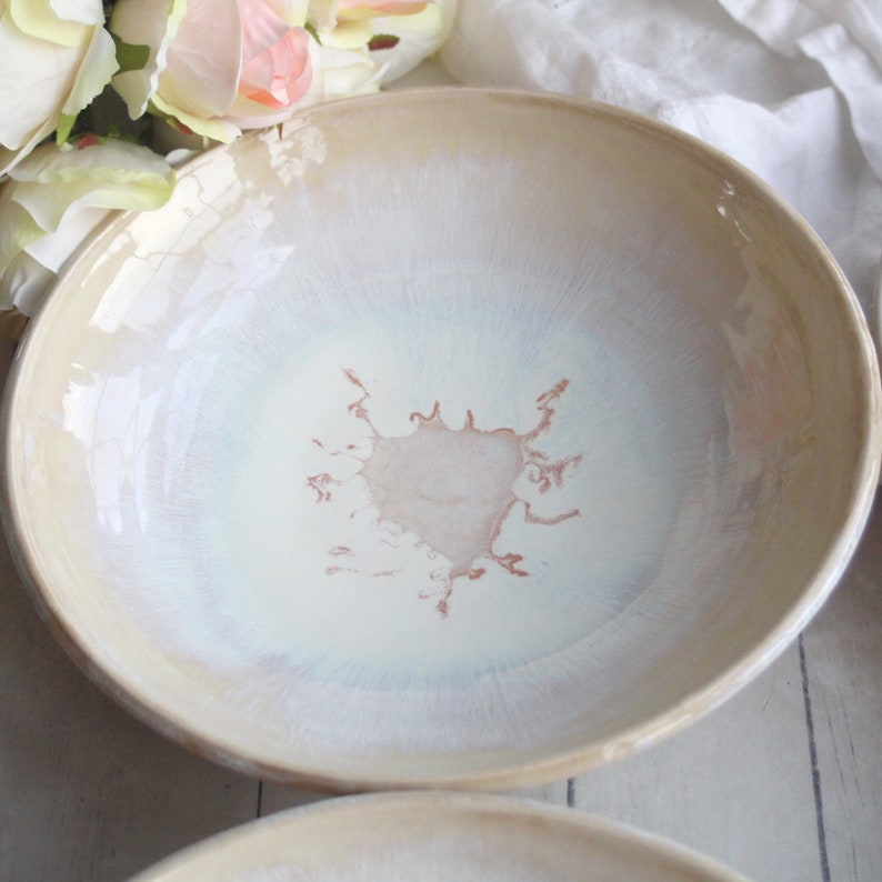 Discounted SECONDS, Set of Four Shallow Bowls in Dripping White and Ocher Glaze Made in USA Ready to Ship image 2