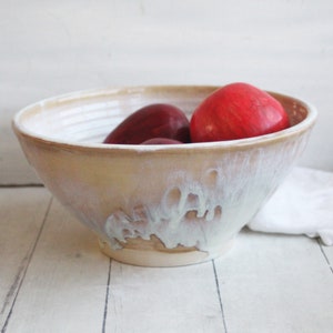 Rustic Stoneware Serving Bowl with Dripping Glazes in White and Ocher, Discounted Second Ceramic Bowl Handcrafted Pottery Made in USA image 2