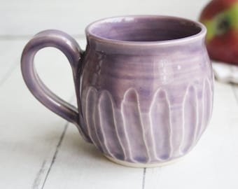 Hand Carved Stoneware Coffee Mug: Rustic Purple Glaze, 14 oz