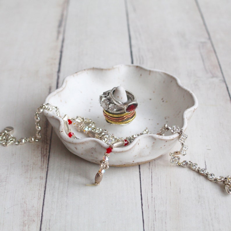 Matte White Speckled Ceramic Jewelry Dish Ring Holder Ready to Ship Handcrafted in USA Engagement Gift