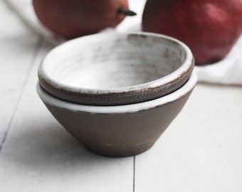 Pair of Two Small Rustic Bowls - Chocolate and Marshmallow Raw Stone Ceramic Bowls - Handmade Stoneware Dipping Bowls Made in USA