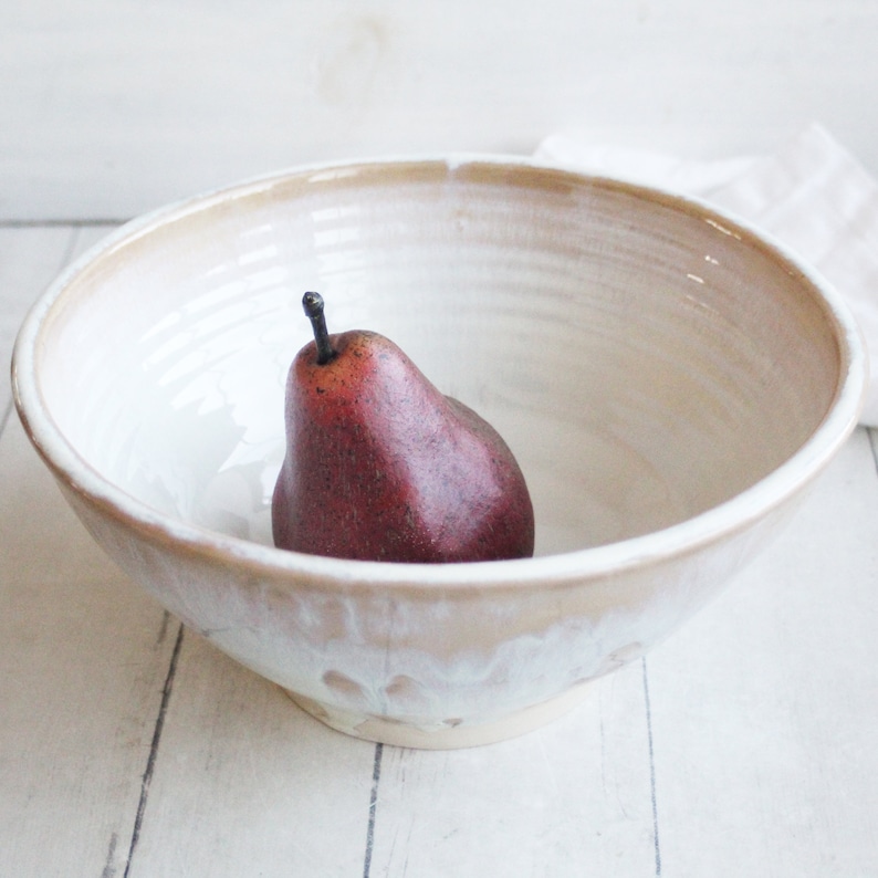 Rustic Stoneware Serving Bowl with Dripping Glazes in White and Ocher, Discounted Second Ceramic Bowl Handcrafted Pottery Made in USA image 5