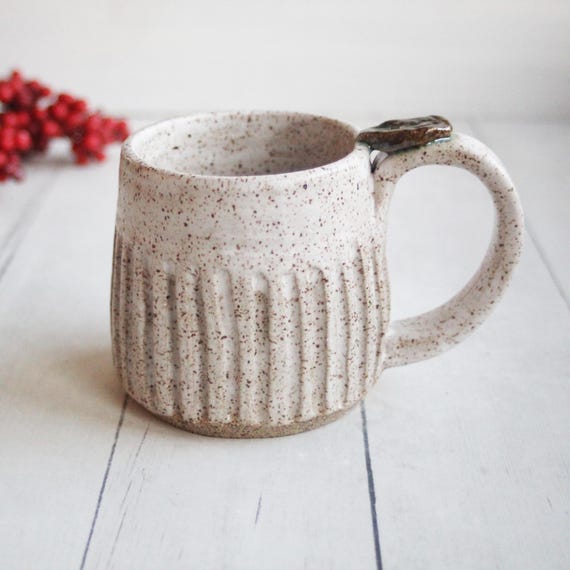 Rustic Speckled Stoneware Mug in Matte White Glaze, Pottery Coffee Cup, 12  oz