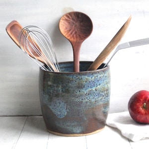 Large Rustic Utensil Holder, Speckled Stoneware in Blue and Green Glazes, Handcrafted Pottery Crock, Made in USA, Ready to Ship