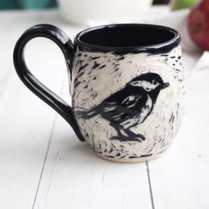 Hand Carved Chickadee Pottery Mug, Black White Bird Art, 12 oz.