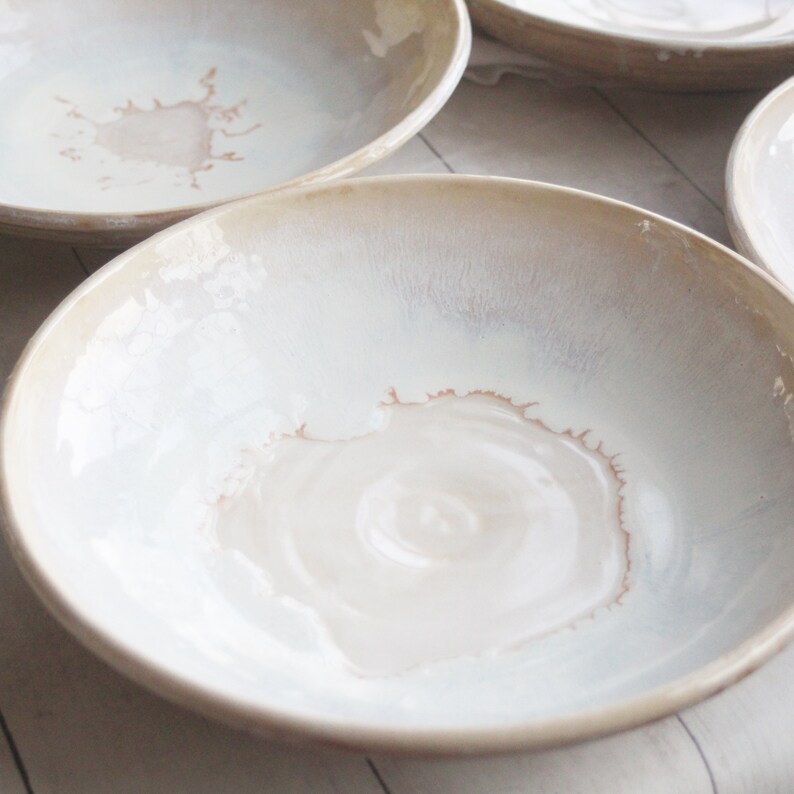 Discounted SECONDS, Set of Four Shallow Bowls in Dripping White and Ocher Glaze Made in USA Ready to Ship image 8