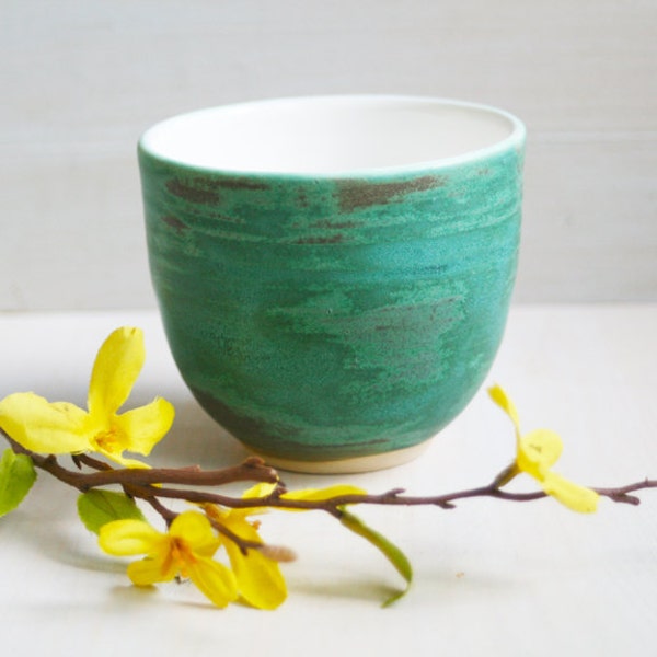 Yunomi Tea Cup - Rustic Turquoise and White Stoneware Cup - Handmade Teacup - Turquoise Pottery