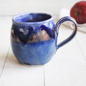 Pottery Mug in Dripping Rich Blue Glazes, Handmade Ceramic Stoneware Coffee Cup 14 oz. Made in USA Ready to Ship
