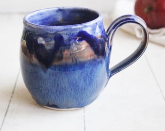 Pottery Mug in Dripping Rich Blue Glazes, Handmade Ceramic Stoneware Coffee Cup 14 oz. Made in USA Ready to Ship
