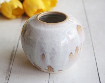 Round Ceramic Vase in Dripping White and Ocher Glaze, Handmade Rustic Stoneware Flower Vase, Wheel Thrown Pottery Ready to Ship Made in USA