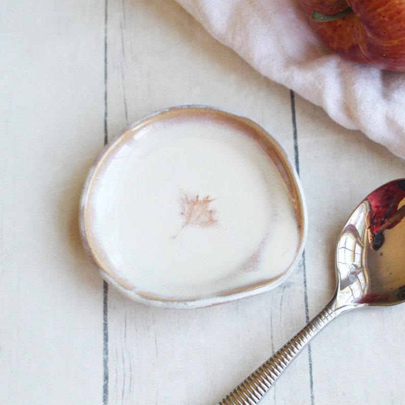 Small Spoon Rest Creamy White and Ocher Glaze, Pottery Dish for your Coffee or Tea Spoon, Ready to Ship Made in USA image 3