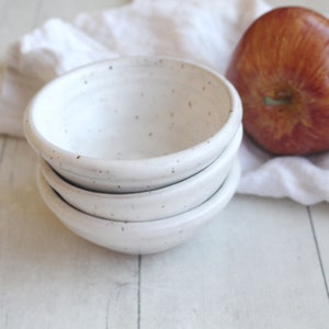 Three Small Rustic Speckled Bowls In Matte White Glaze Stoneware Ceramic Bowls Ready to Ship Made in USA